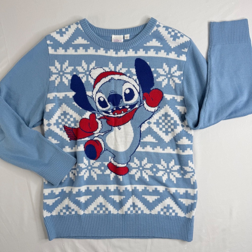 Disney Stitch Christmas Sweater Light Blue Fair Isle Holiday Pullover Large